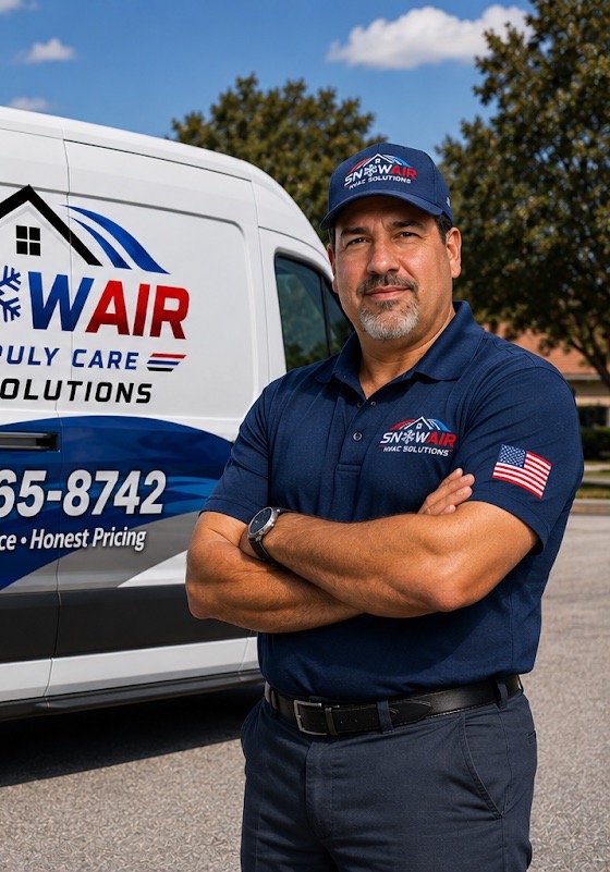 A Snow Air Solutions technician loading a boxed condenser onto the company truck, palm trees behind