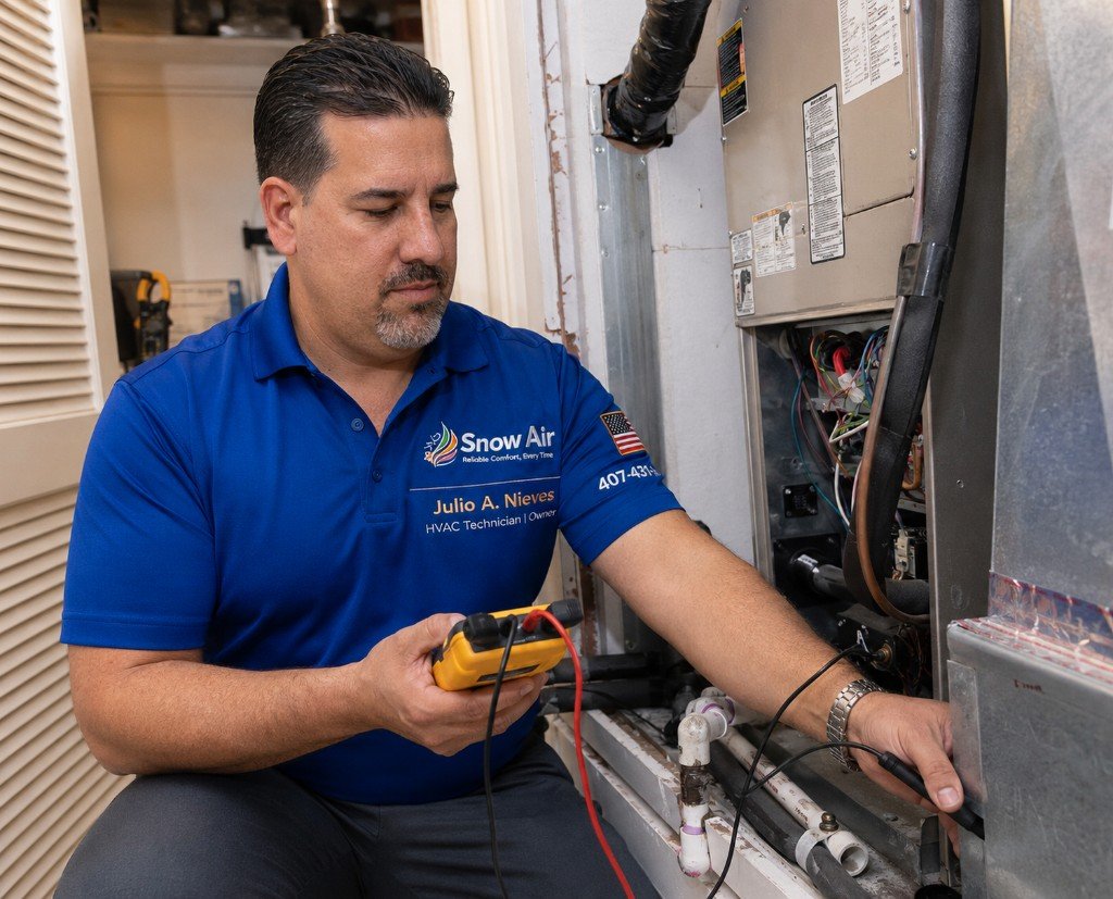 Julio A. Nieves, owner of Snow Air Solutions, diagnosing an air handler with a multimeter